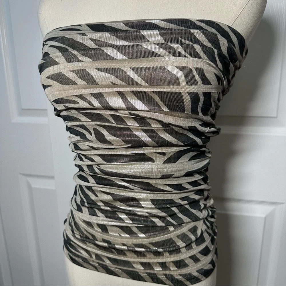 Vintage Forever 21 Metallic Y2K Zebra Stripes Strapless Ruched Tube Top, Medium - Picture 2 of 10